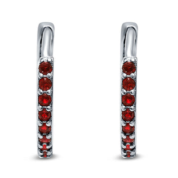 Half Eternity Hoop Earrings Round Simulated Garnet CZ 925 Sterling Silver (16mm)